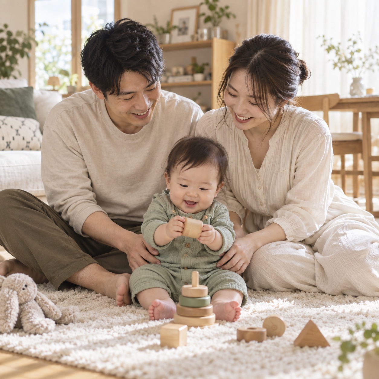 AI mock image: parents and baby playing with wooden toys