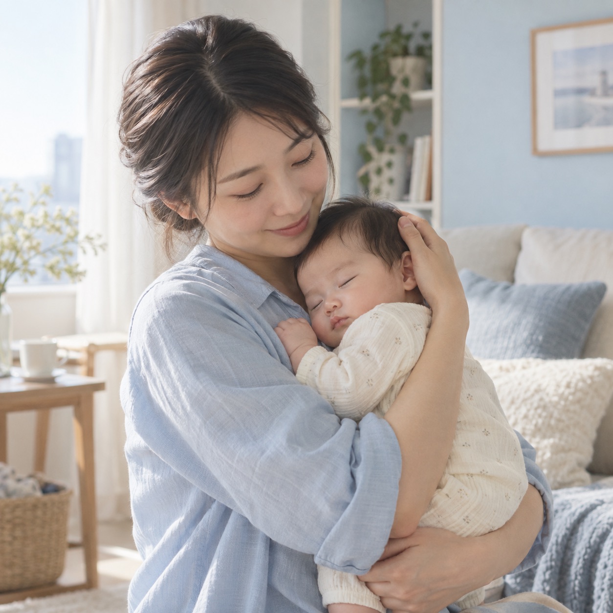 AI mock image: a mom cradling a peacefully sleeping baby